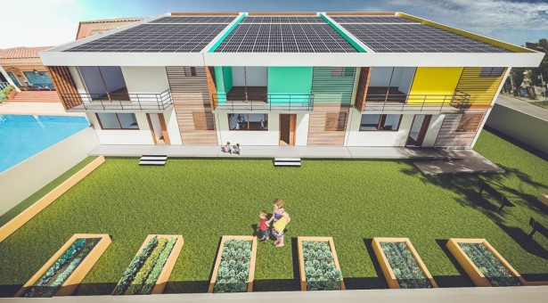 No telhado, painéis fotovoltaicos fornecem mais energia do que o necessário para abastecer as casas. No quintal, hortas e composteiras comunitárias  são propostas. 