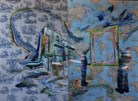 Obra do artista Germán Tagle: "La ilusión de un lugar" Acrílico sobre tela estampada (183 x 254 cm), de 2017.